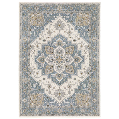 8' X 11' Blue And Ivory Medallion Distressed Area Rug With Fringe