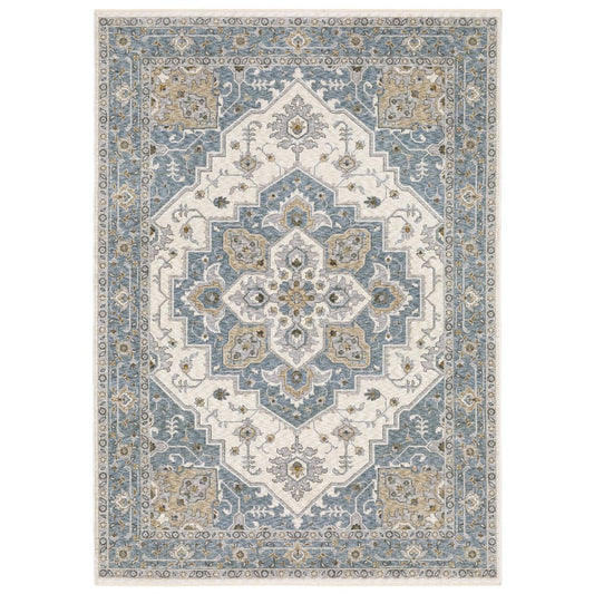 8' X 11' Blue And Ivory Medallion Distressed Area Rug With Fringe