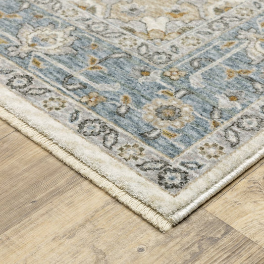 8' X 11' Blue And Ivory Medallion Distressed Area Rug With Fringe