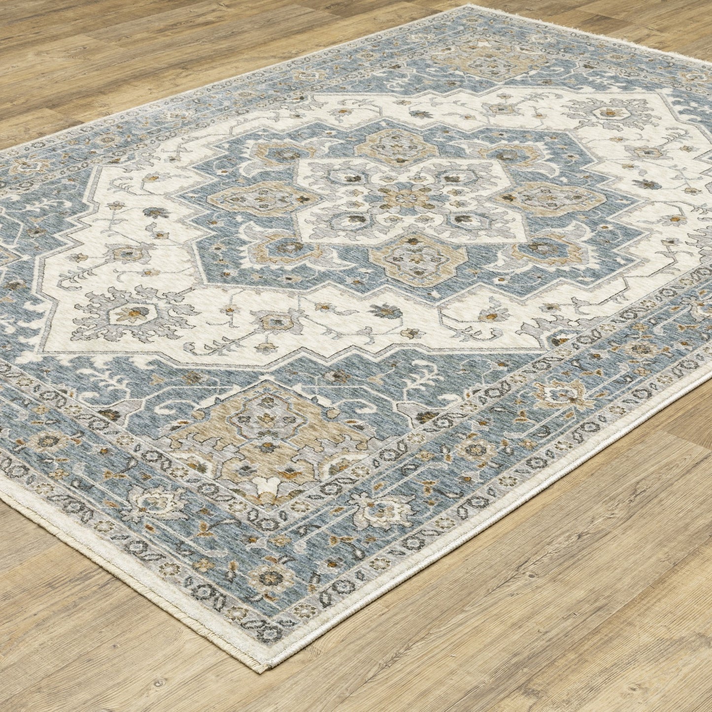 8' X 11' Blue And Ivory Medallion Distressed Area Rug With Fringe