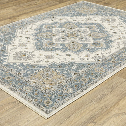 8' X 11' Blue And Ivory Medallion Distressed Area Rug With Fringe