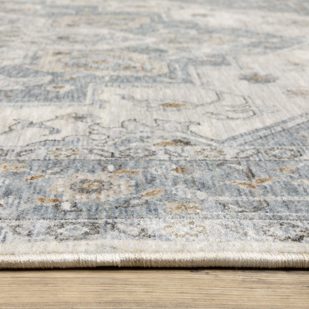 8' X 11' Blue And Ivory Medallion Distressed Area Rug With Fringe