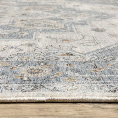 8' X 11' Blue And Ivory Medallion Distressed Area Rug With Fringe