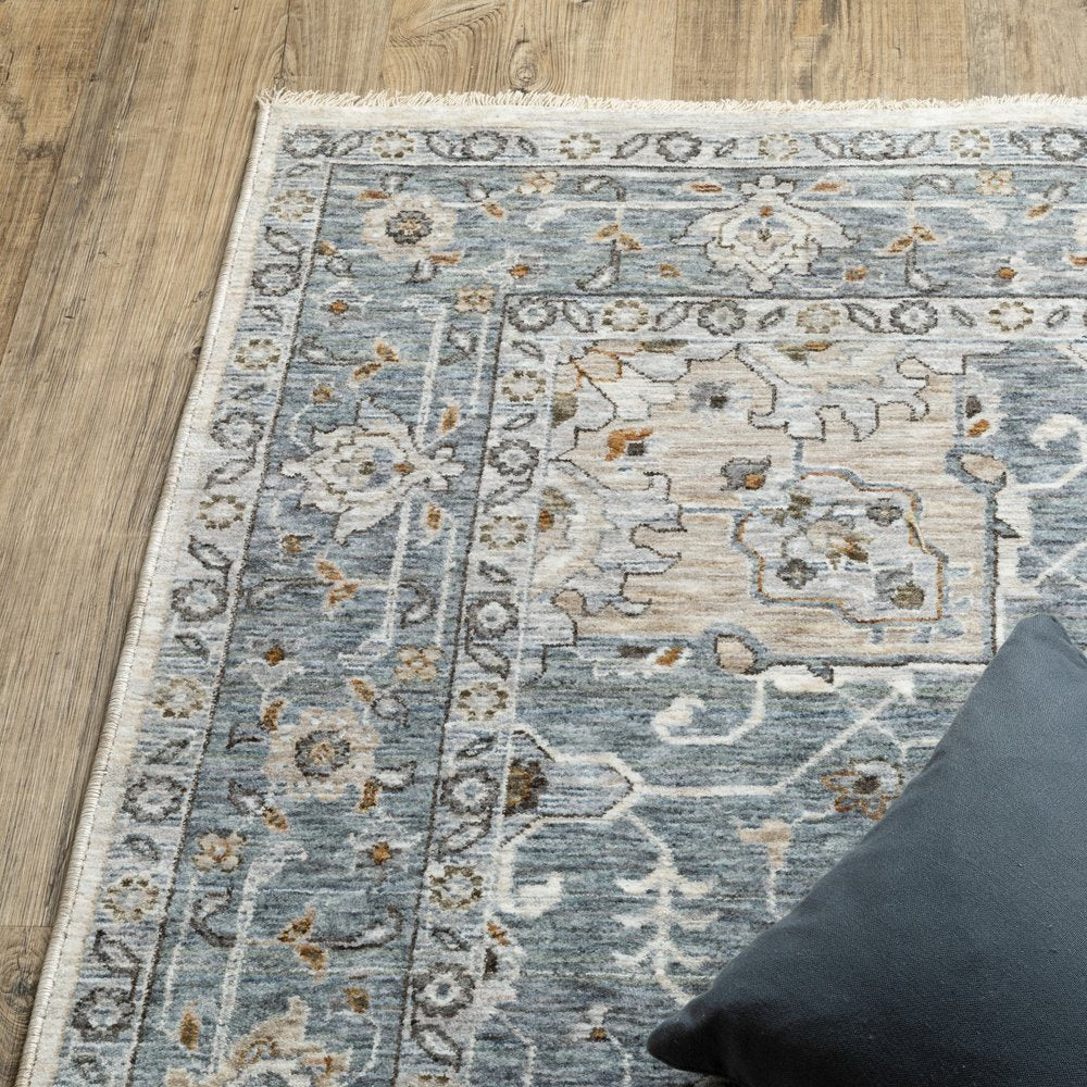 8' X 11' Blue And Ivory Medallion Distressed Area Rug With Fringe