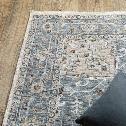 8' X 11' Blue And Ivory Medallion Distressed Area Rug With Fringe