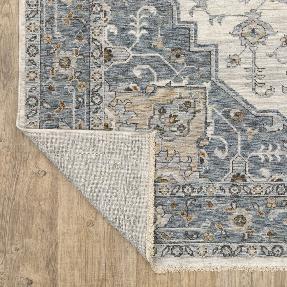 8' X 11' Blue And Ivory Medallion Distressed Area Rug With Fringe