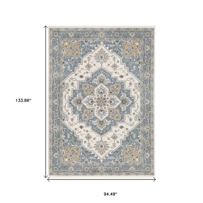 8' X 11' Blue And Ivory Medallion Distressed Area Rug With Fringe