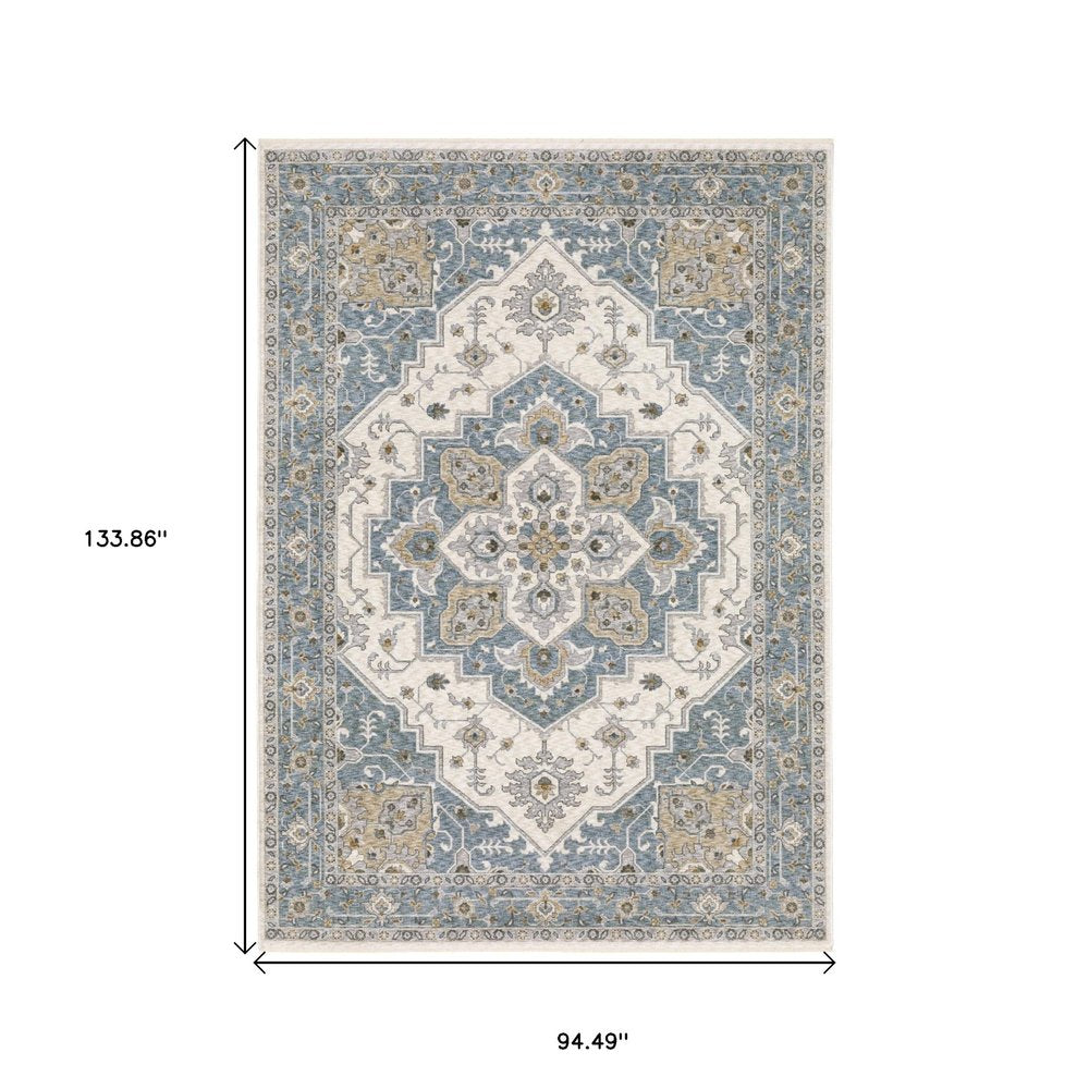 8' X 11' Blue And Ivory Medallion Distressed Area Rug With Fringe