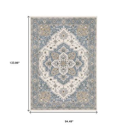 8' X 11' Blue And Ivory Medallion Distressed Area Rug With Fringe