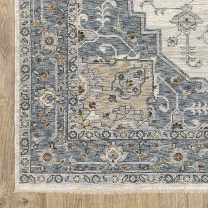 8' X 11' Blue And Ivory Medallion Distressed Area Rug With Fringe
