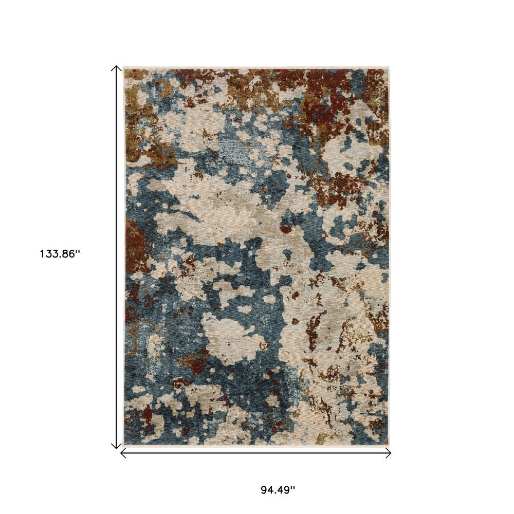 8' X 11' Beige Rust And Teal Abstract Distressed Area Rug With Fringe