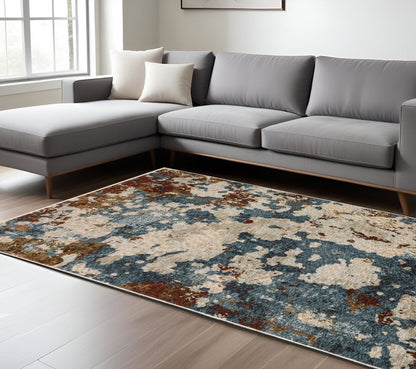 8' X 11' Beige Rust And Teal Abstract Distressed Area Rug With Fringe