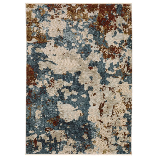 8' X 11' Beige Rust And Teal Abstract Distressed Area Rug With Fringe