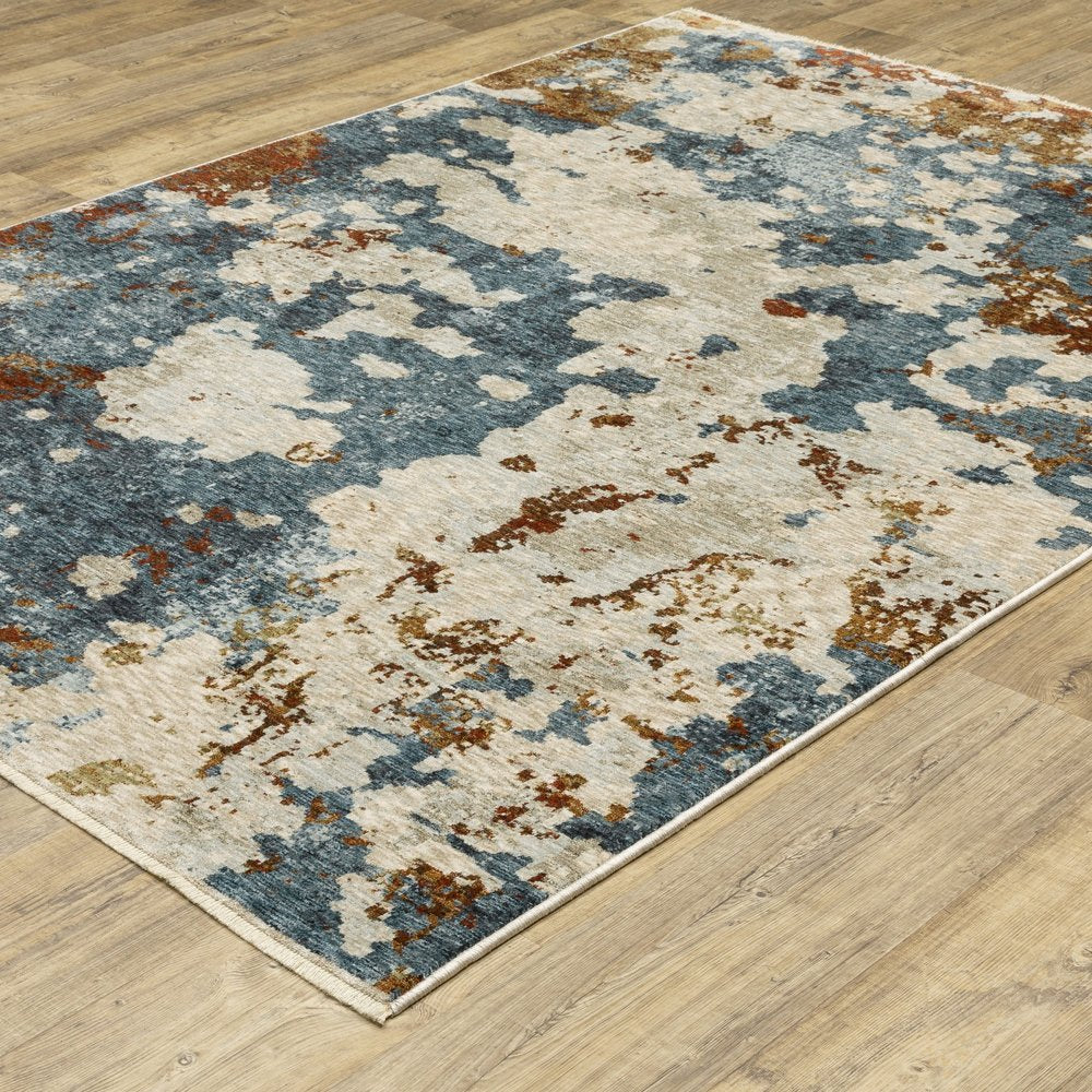 8' X 11' Beige Rust And Teal Abstract Distressed Area Rug With Fringe