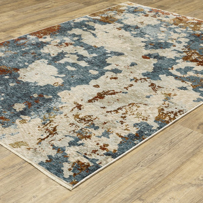 8' X 11' Beige Rust And Teal Abstract Distressed Area Rug With Fringe