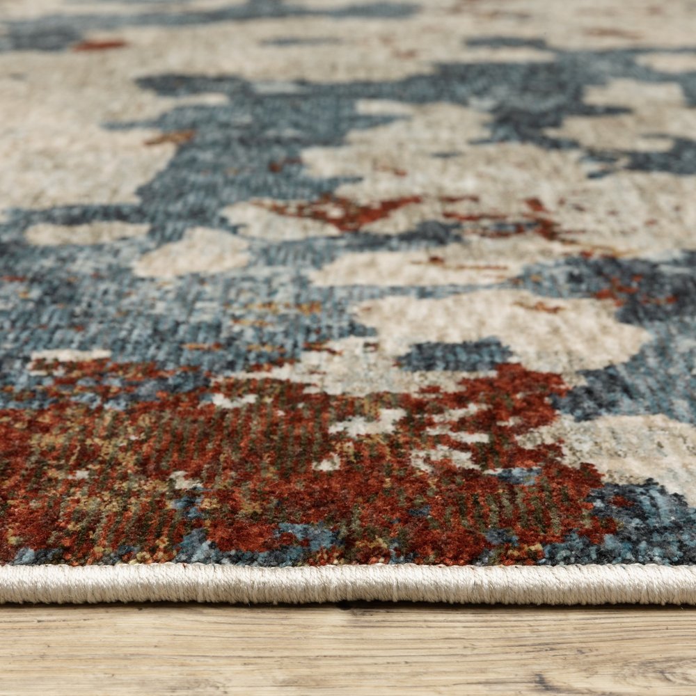 8' X 11' Beige Rust And Teal Abstract Distressed Area Rug With Fringe