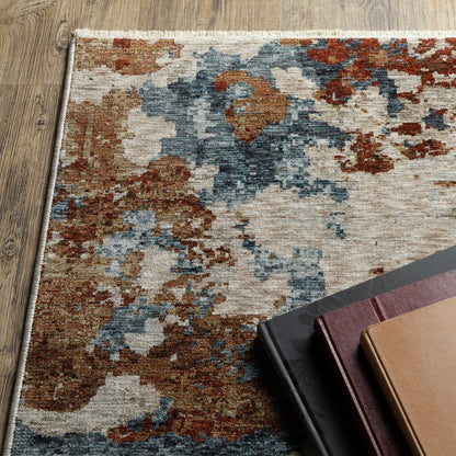 8' X 11' Beige Rust And Teal Abstract Distressed Area Rug With Fringe