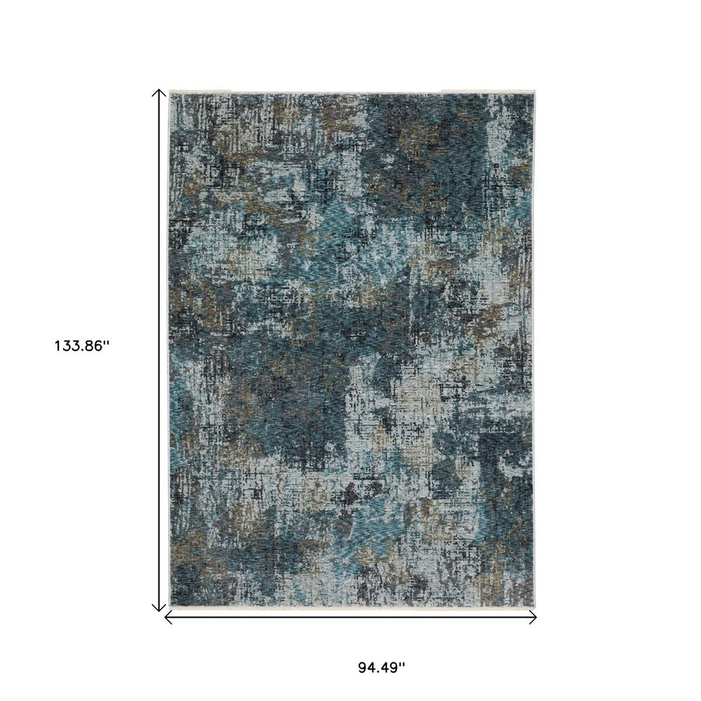 8' X 11' Blue And Gray Abstract Distressed Area Rug With Fringe