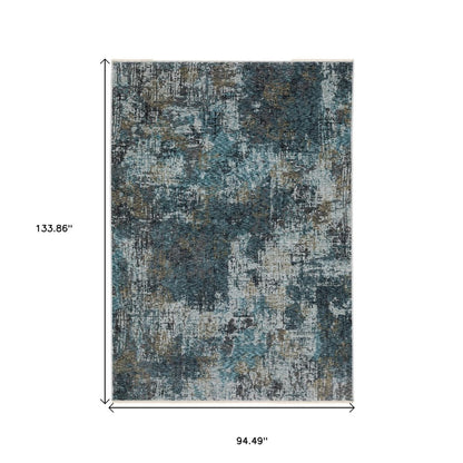 8' X 11' Blue And Gray Abstract Distressed Area Rug With Fringe