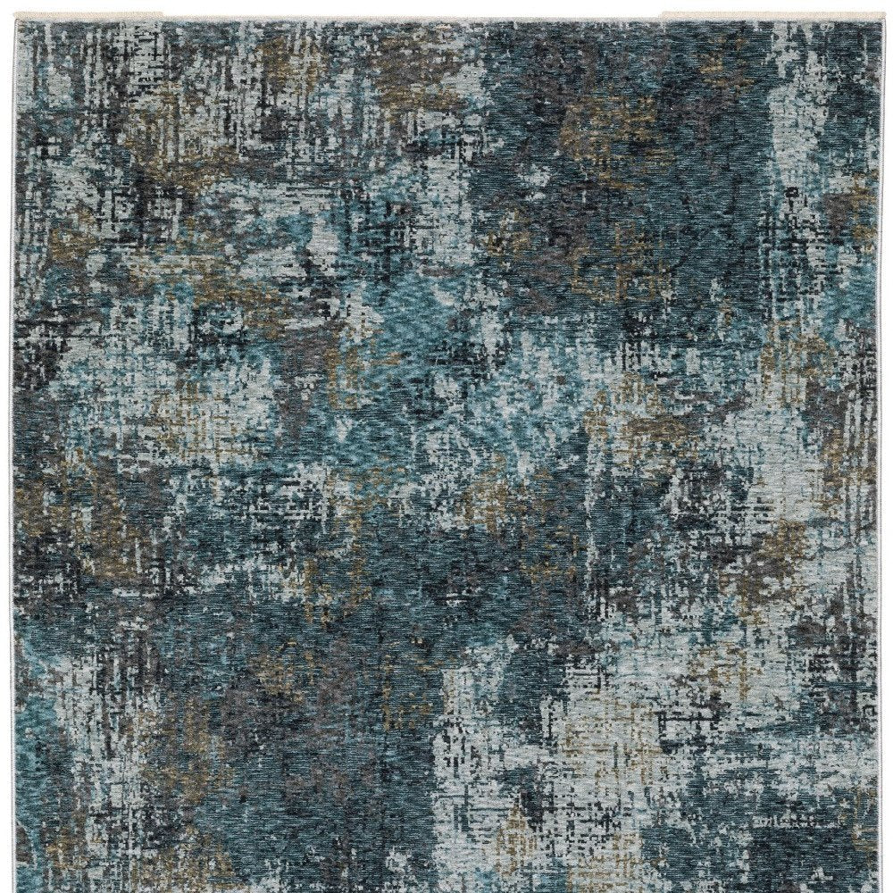 8' X 11' Blue And Gray Abstract Distressed Area Rug With Fringe
