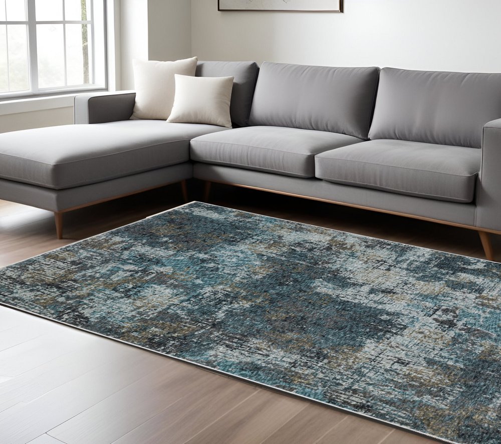8' X 11' Blue And Gray Abstract Distressed Area Rug With Fringe