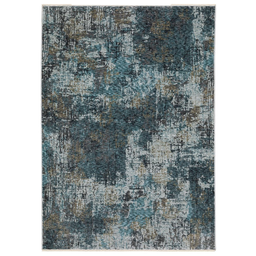8' X 11' Blue And Gray Abstract Distressed Area Rug With Fringe