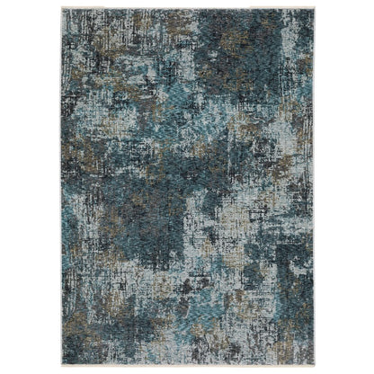 8' X 11' Blue And Gray Abstract Distressed Area Rug With Fringe