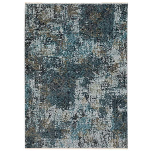 8' X 11' Blue And Gray Abstract Distressed Area Rug With Fringe