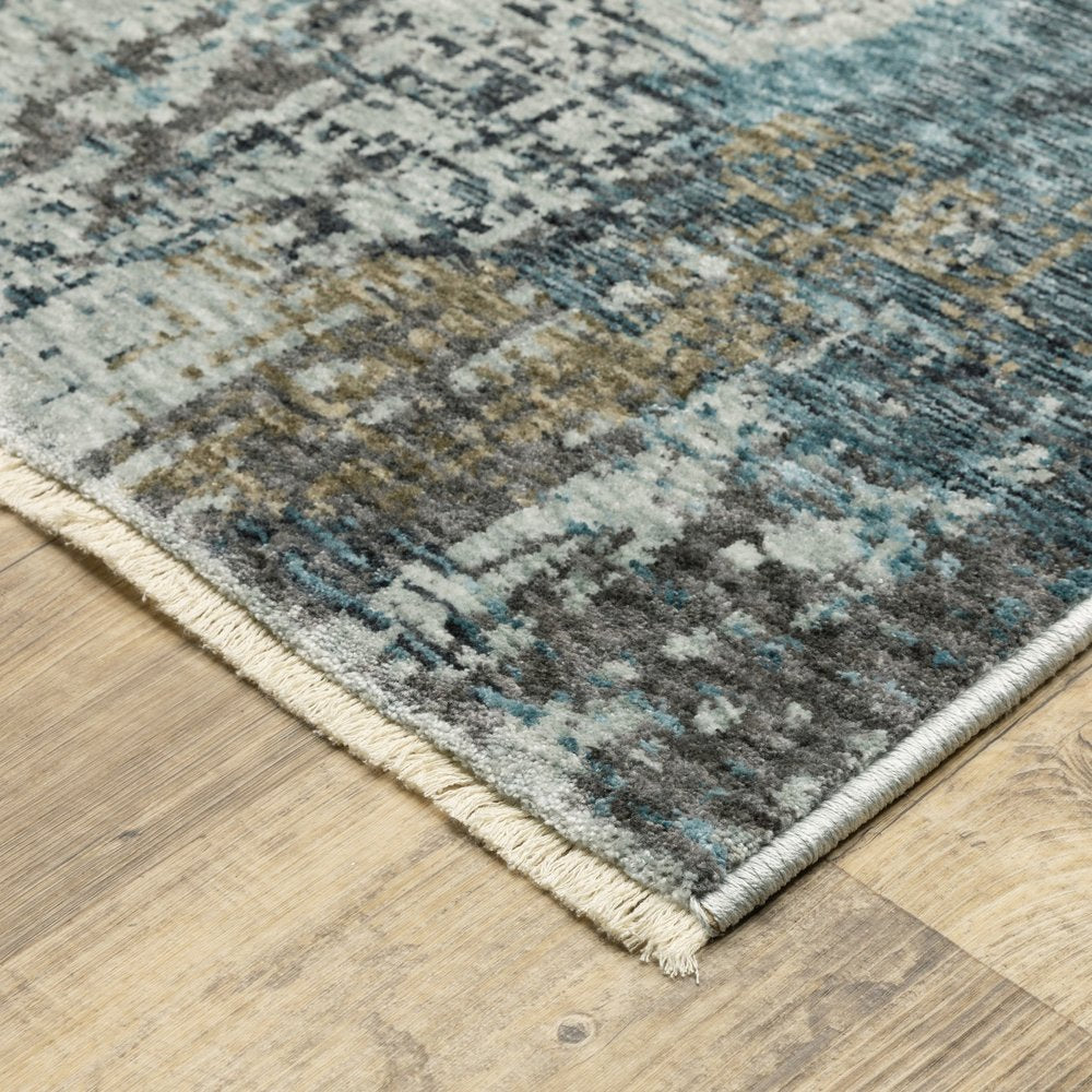 8' X 11' Blue And Gray Abstract Distressed Area Rug With Fringe