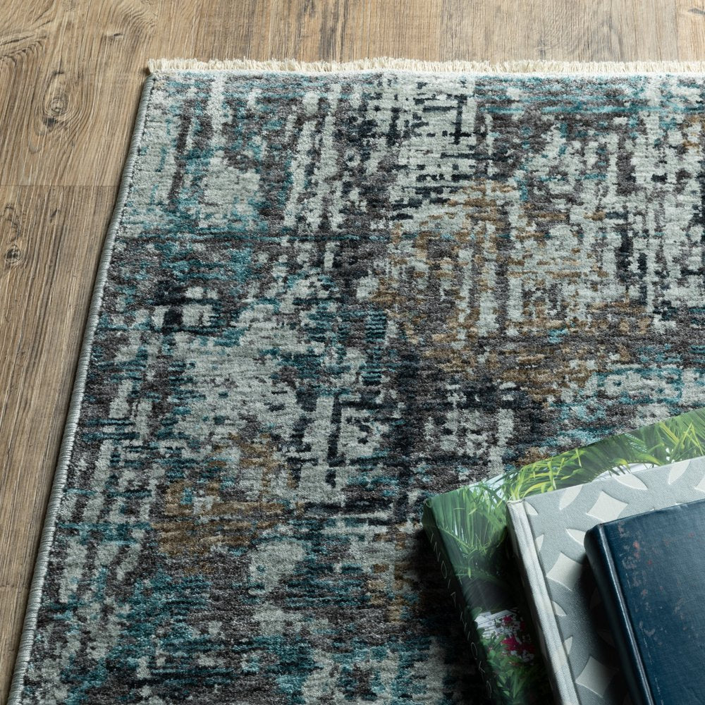 8' X 11' Blue And Gray Abstract Distressed Area Rug With Fringe