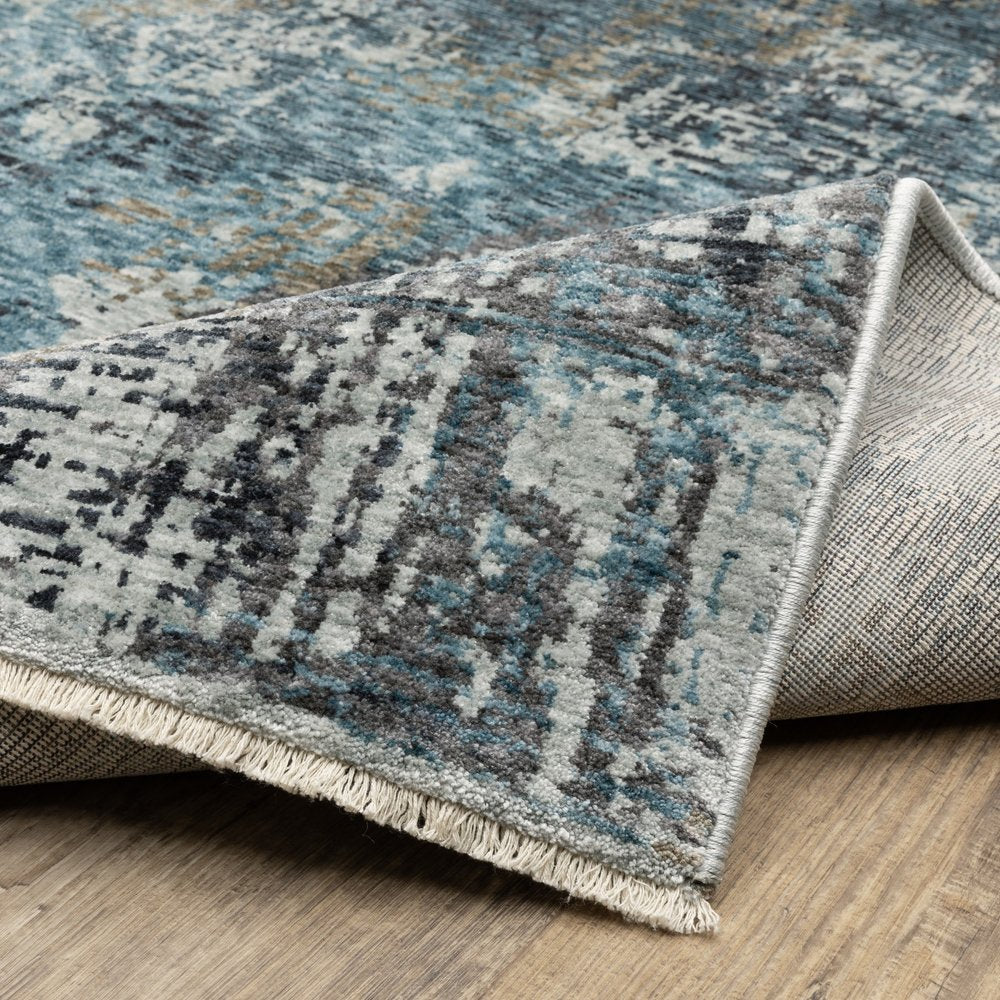 8' X 11' Blue And Gray Abstract Distressed Area Rug With Fringe