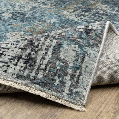 8' X 11' Blue And Gray Abstract Distressed Area Rug With Fringe