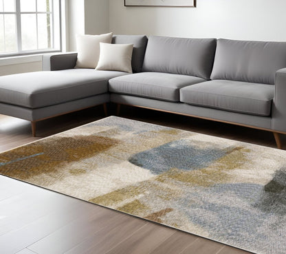 8' X 11' Beige And Rust Abstract Distressed Area Rug With Fringe