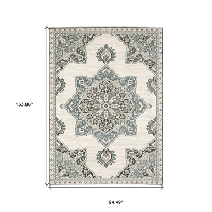 8' X 11' Brown And Blue Medallion Area Rug