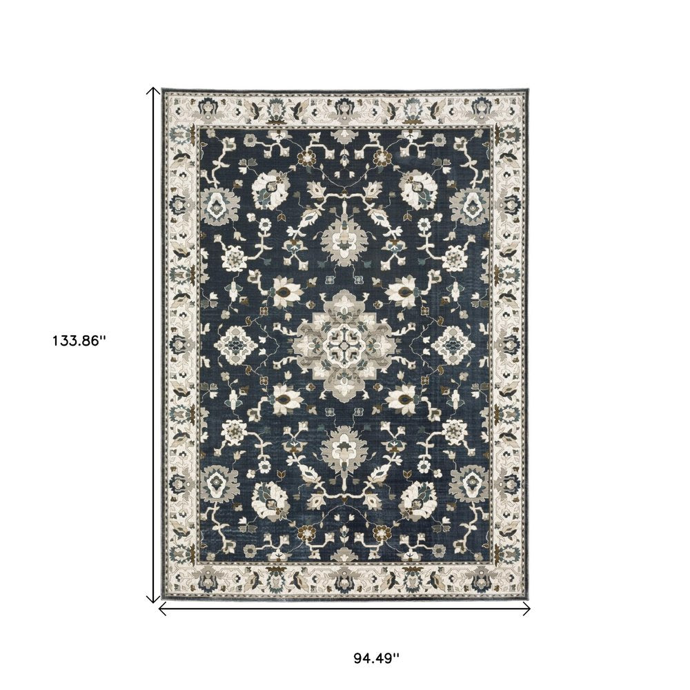 8' X 11' Blue Ivory And Gray Oriental Area Rug