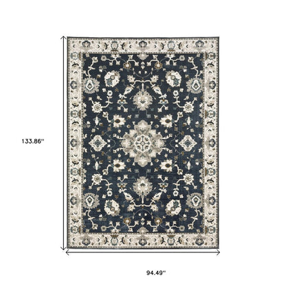 8' X 11' Blue Ivory And Gray Oriental Area Rug