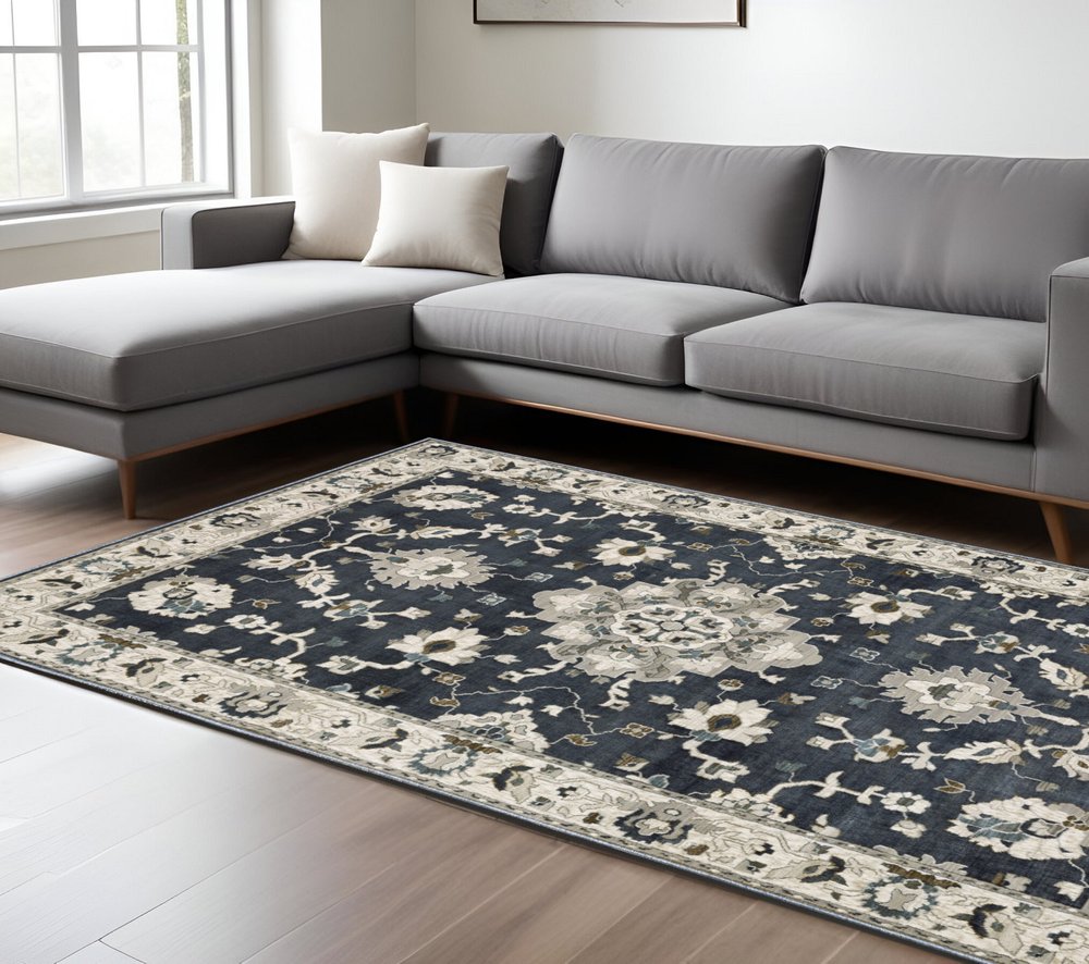 8' X 11' Blue Ivory And Gray Oriental Area Rug