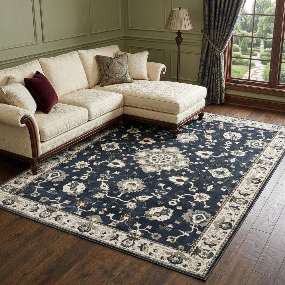 8' X 11' Blue Ivory And Gray Oriental Area Rug