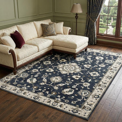 8' X 11' Blue Ivory And Gray Oriental Area Rug