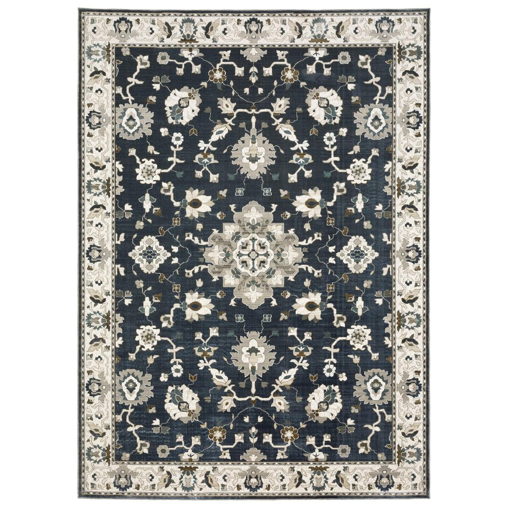 8' X 11' Blue Ivory And Gray Oriental Area Rug