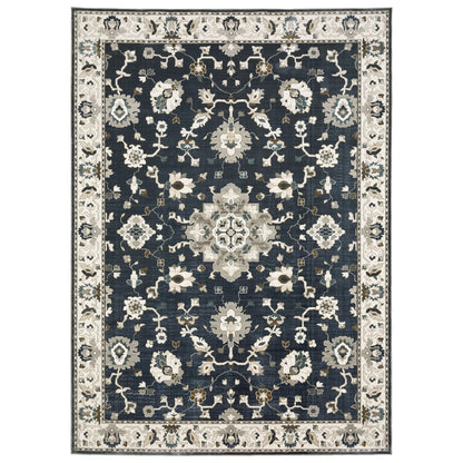 8' X 11' Blue Ivory And Gray Oriental Area Rug