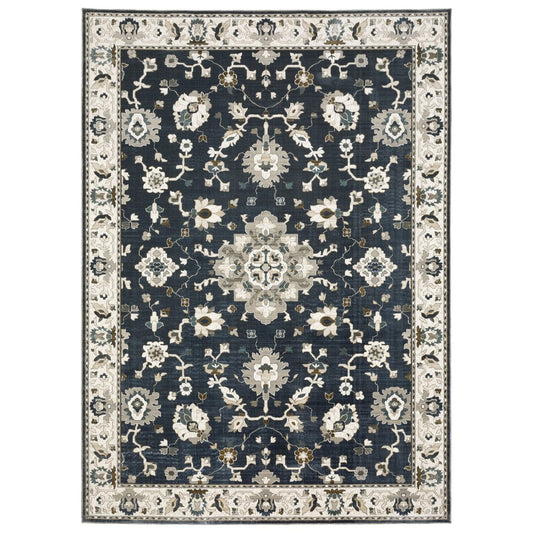 8' X 11' Blue Ivory And Gray Oriental Area Rug