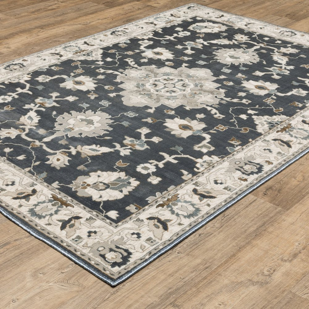 8' X 11' Blue Ivory And Gray Oriental Area Rug