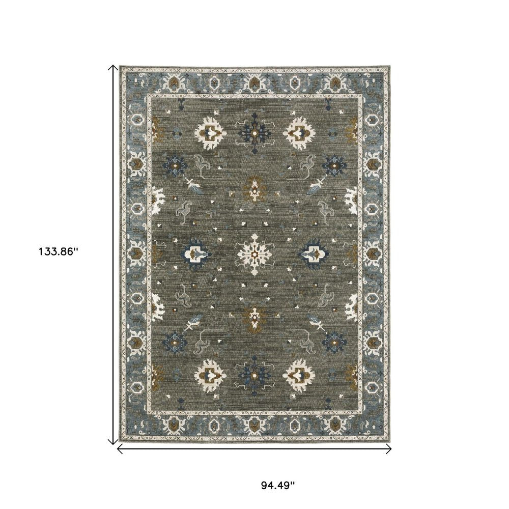 8' X 11' Blue Ivory And Gray Oriental Area Rug