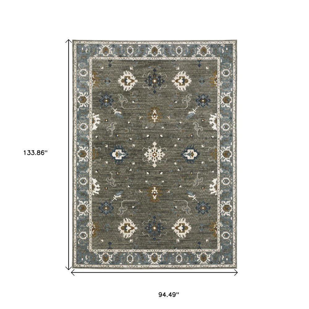 8' X 11' Blue Ivory And Gray Oriental Area Rug