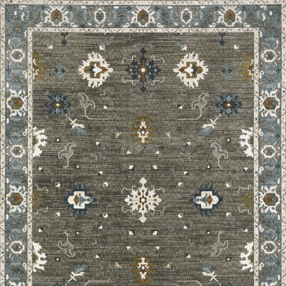 8' X 11' Blue Ivory And Gray Oriental Area Rug