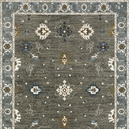 8' X 11' Blue Ivory And Gray Oriental Area Rug