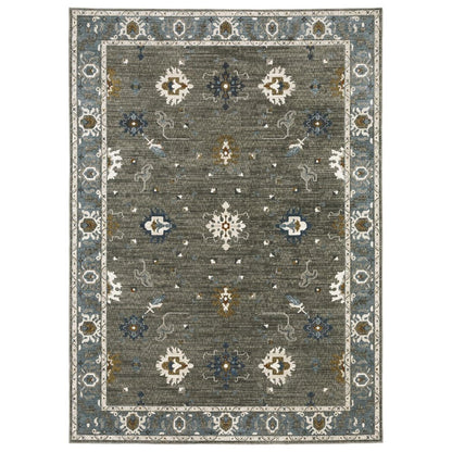 8' X 11' Blue Ivory And Gray Oriental Area Rug