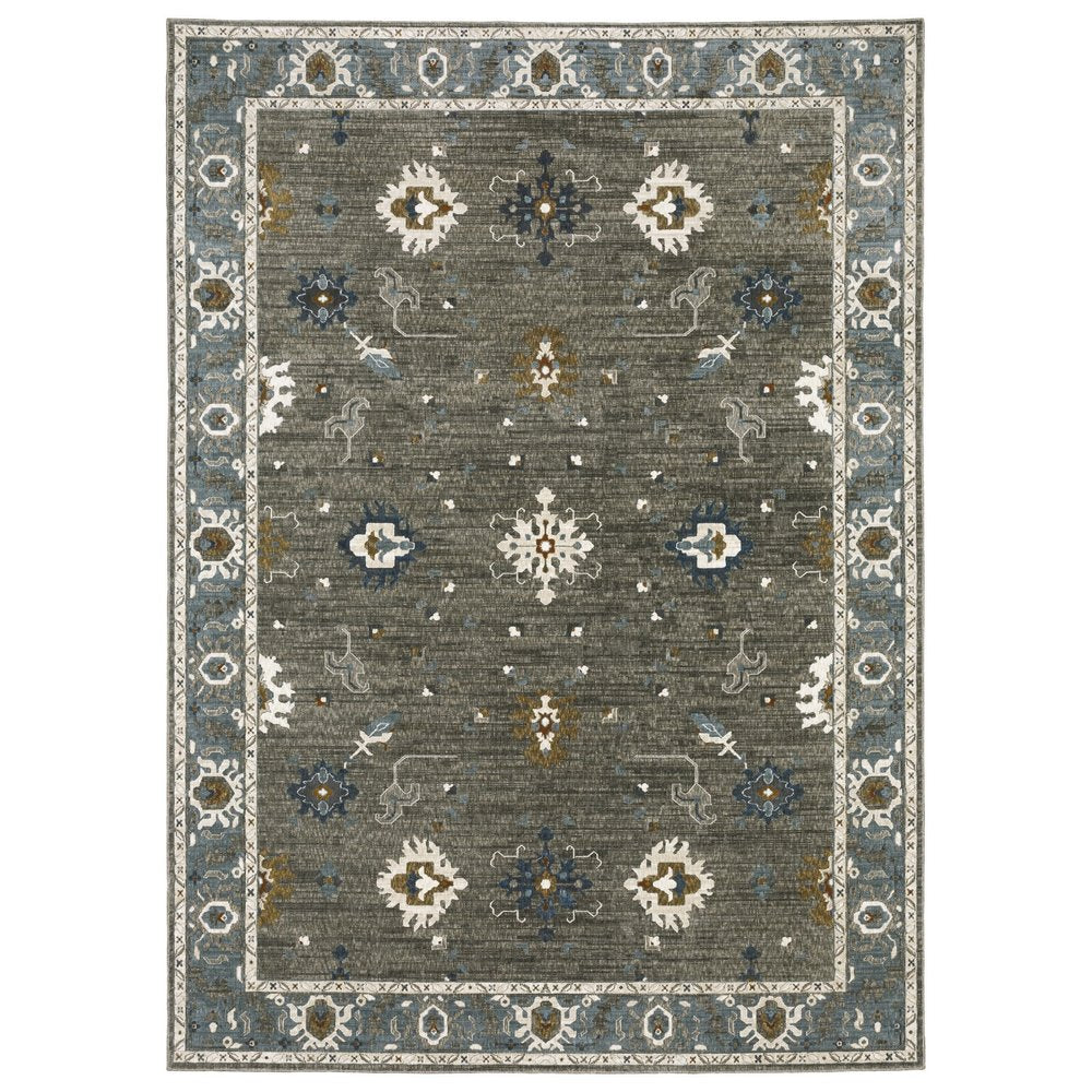 8' X 11' Blue Ivory And Gray Oriental Area Rug