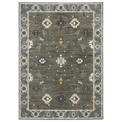 8' X 11' Blue Ivory And Gray Oriental Area Rug